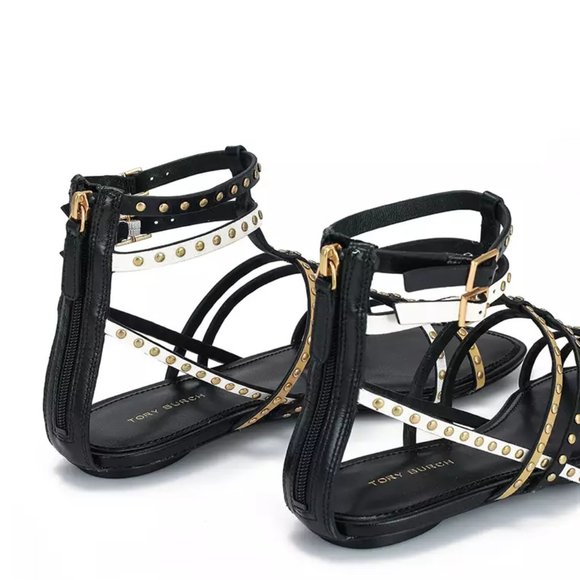 Tory Burch $338 CAPRI GLADIATOR STUDDED SANDAL 3 Tone Leather Black Ivor… - Picture 2 of 9